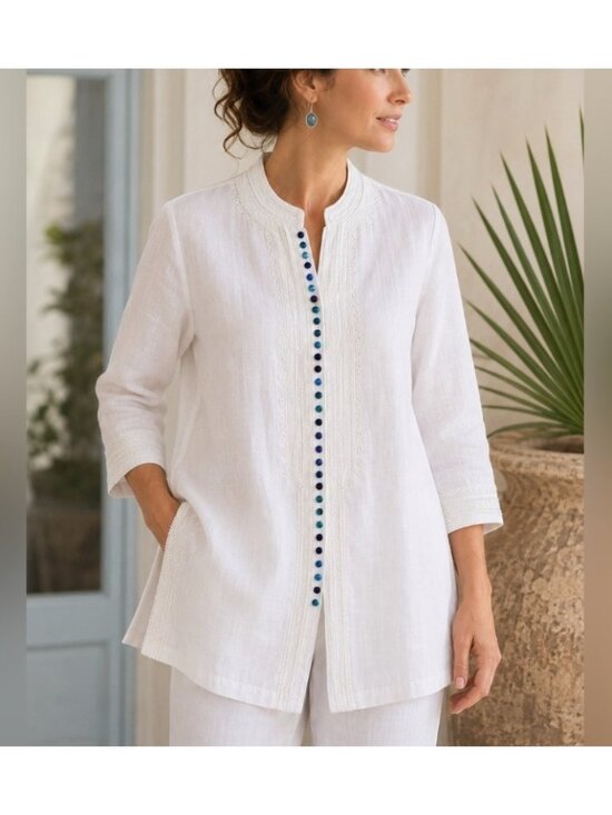 Soft Surroundings Tops - Soft Surroundings Desert Linen Tunic White Embroidered Blue Pom Pom Size 1X Top